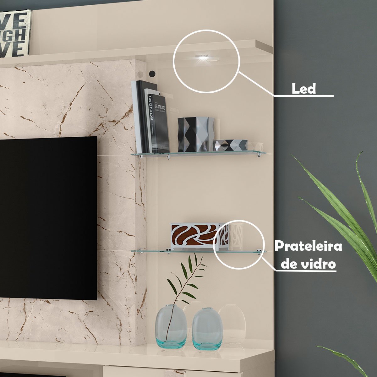 Home Theater para Tv de 55" c/ 2 Prateleiras e Led Aline Calacata/Off White
