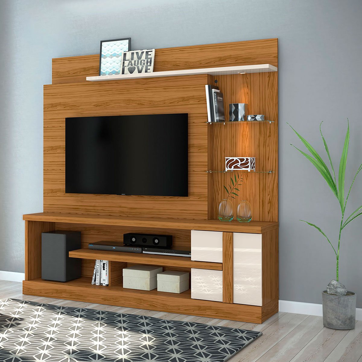 Home Theater para Tv de 55" c/ 2 Prateleiras e Led Aline Naturale/Off White