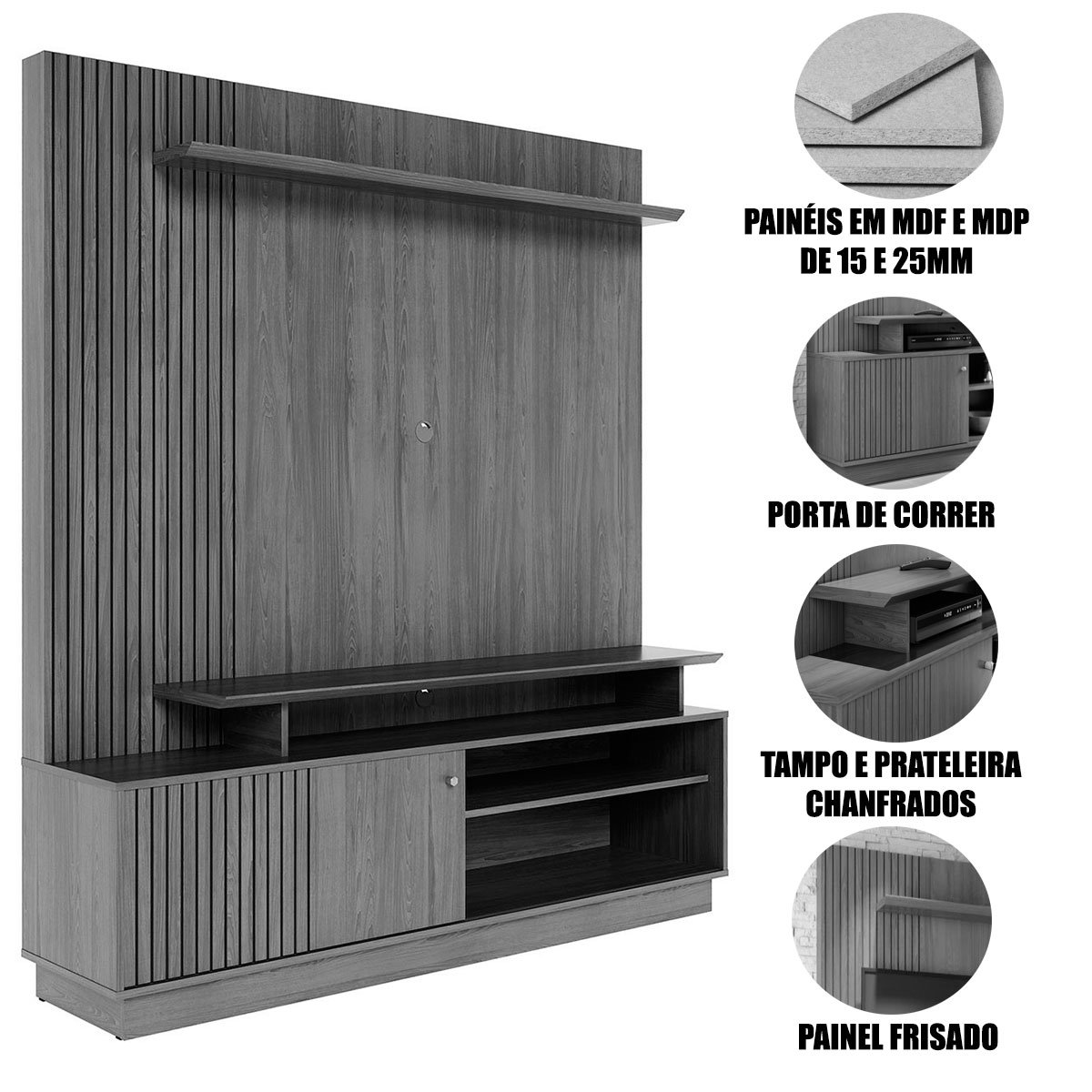 Home Theater para Tv de 65" Porta de Correr Hades Cinamomo/Off White