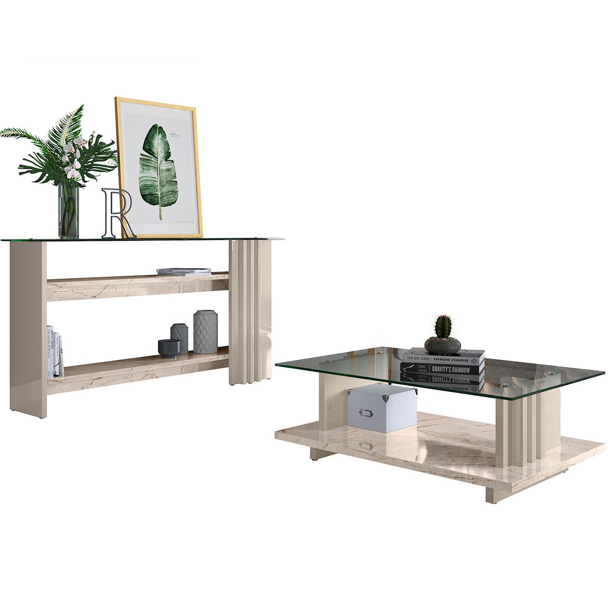Kit Aparador para Sala e Mesa de Centro Tampo de Vidro Foz Calacata/Off White