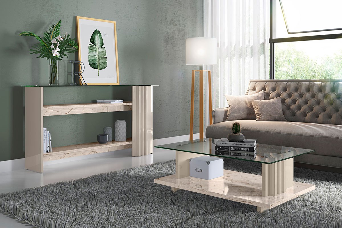 Kit Aparador para Sala e Mesa de Centro Tampo de Vidro Foz Calacata/Off White