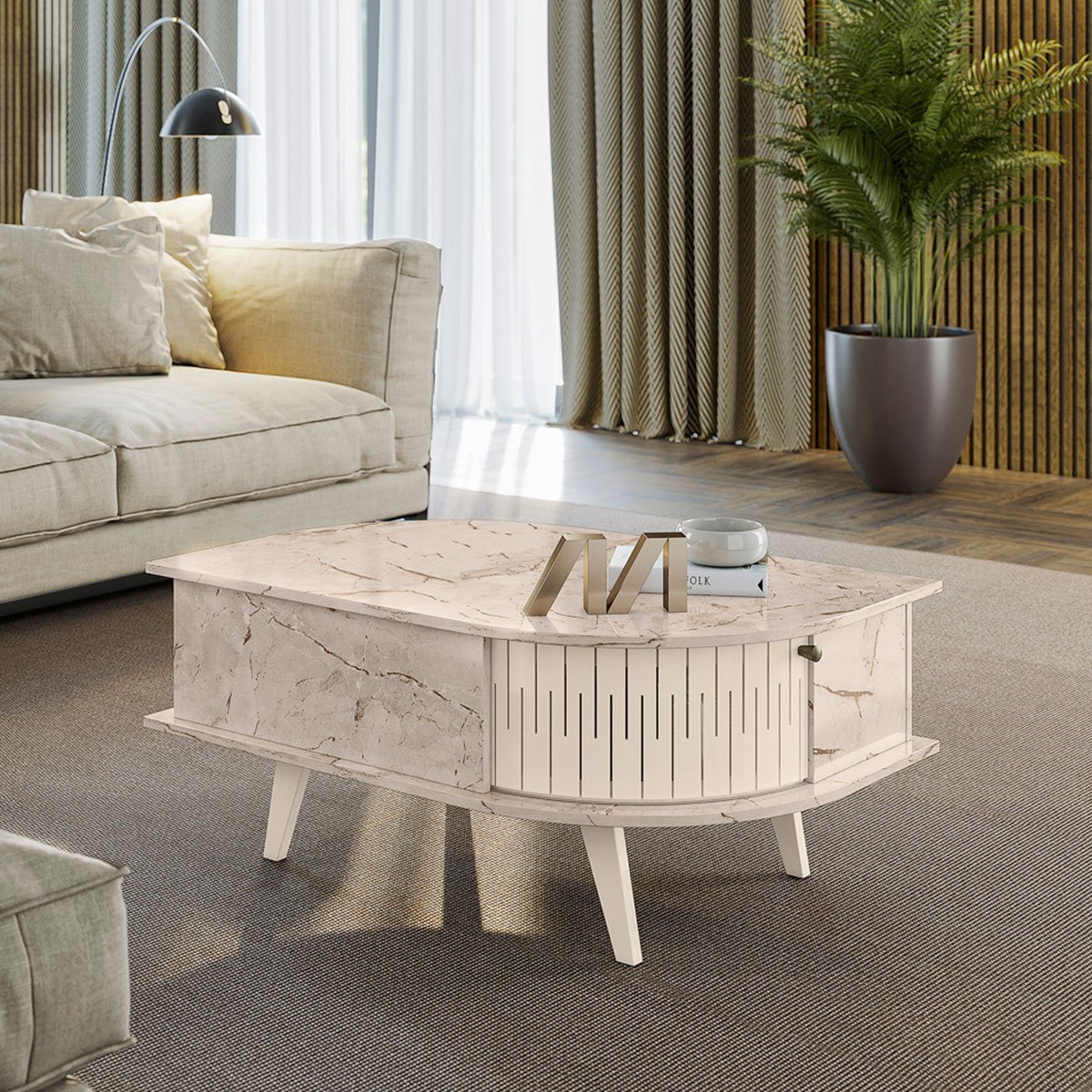 Mesa de Centro Índia 2 Portas 90x60 cm Calacata/Off White