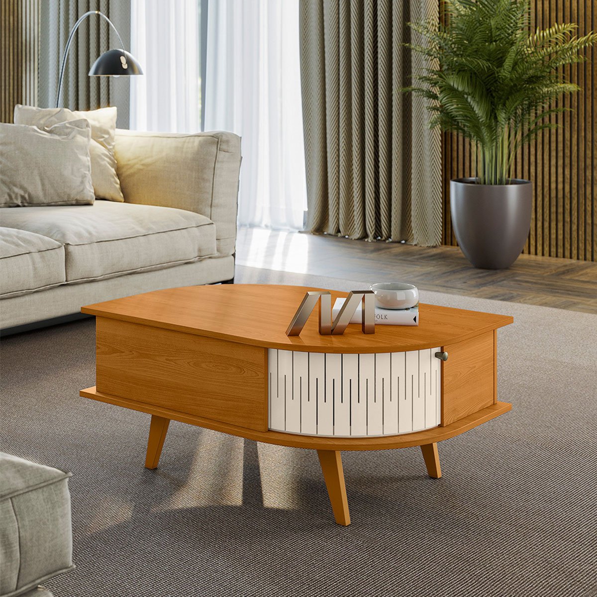 Mesa de Centro Índia 2 Portas 90x60 cm Cinamomo/Off White