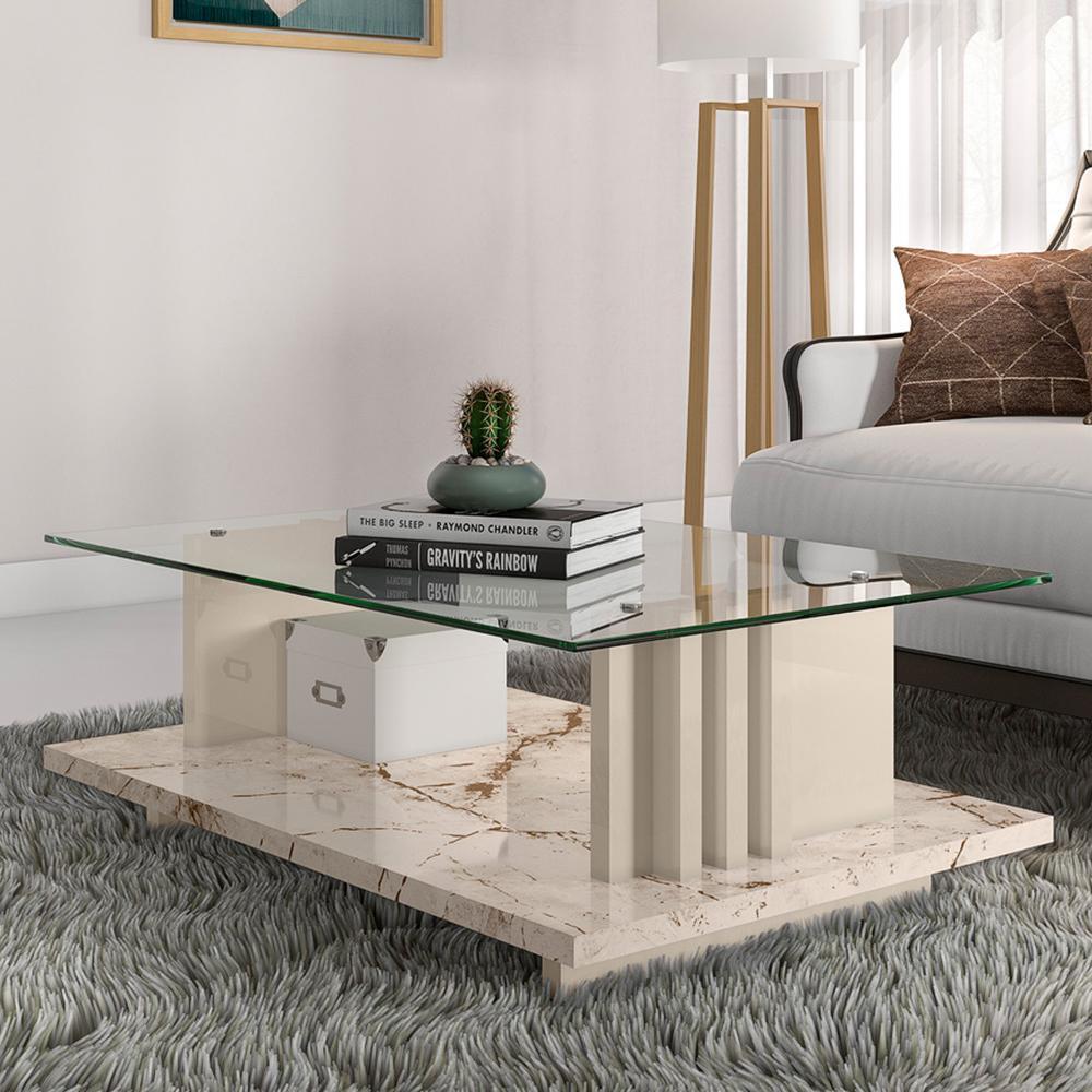 Mesa de Centro Frizz Calacata/Off White com Tampo de Vidro - Madetec