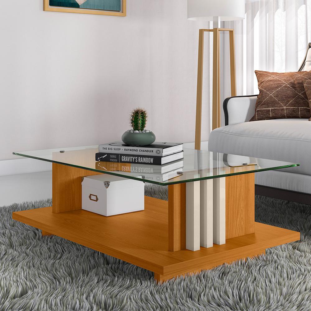 Mesa de Centro Frizz Cinamomo/Off White com Tampo de Vidro - Madetec