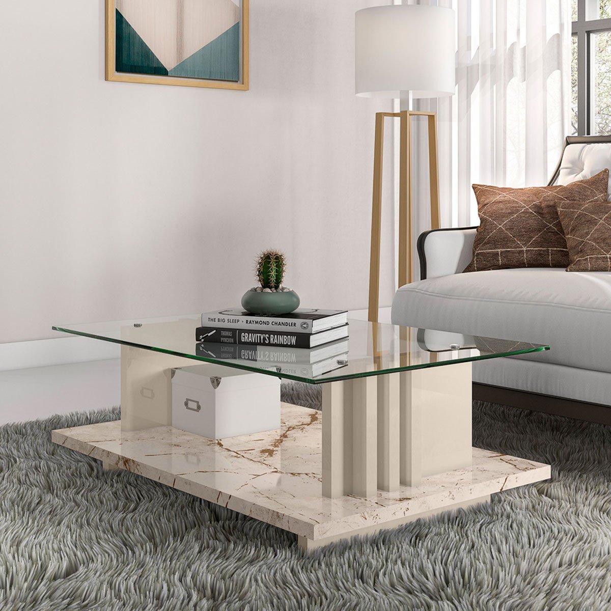 Mesa de Centro Tampo Vidro Retangular Foz Calacata/Off White
