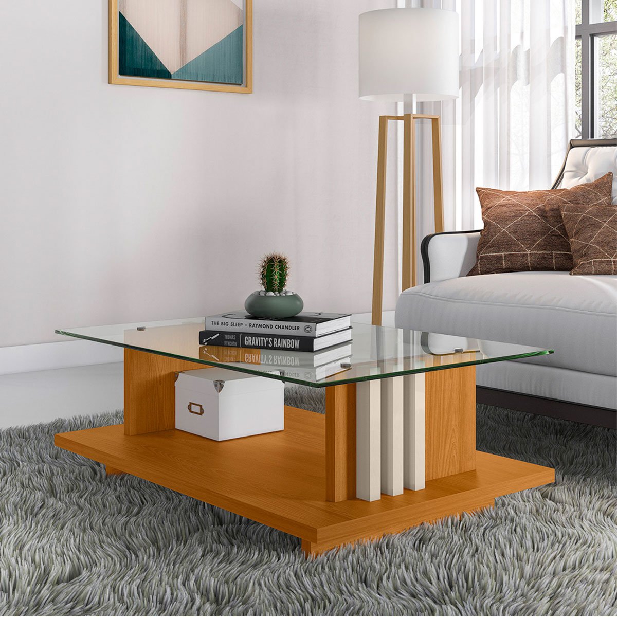 Mesa de Centro Tampo Vidro Retangular Foz Cinamomo/Off White