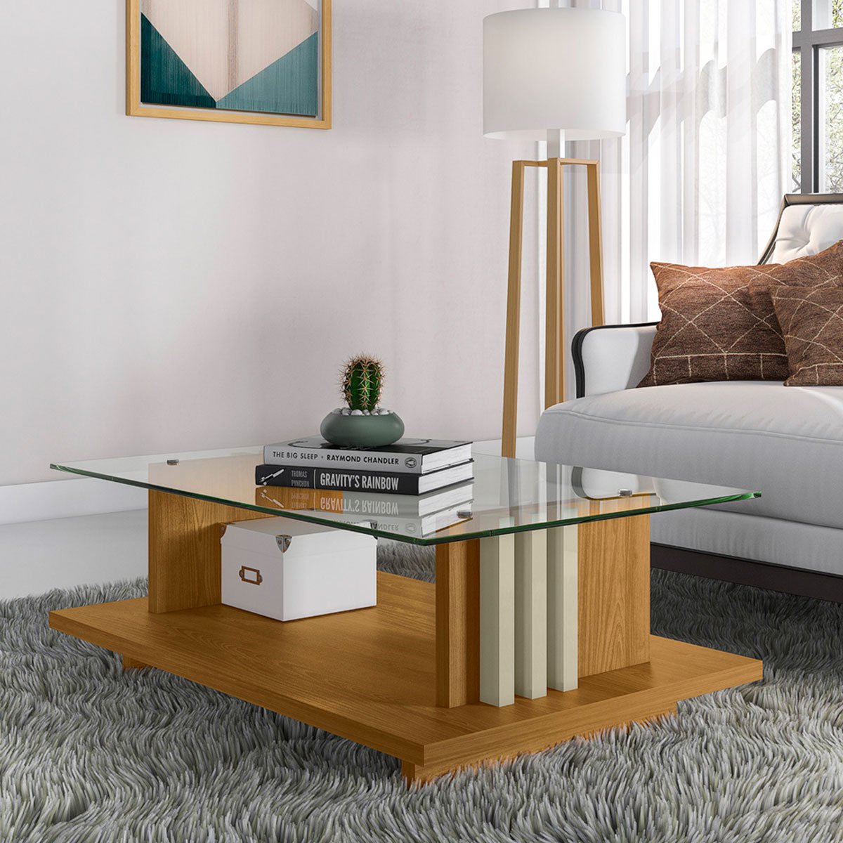 Mesa de Centro Tampo Vidro Retangular Foz Cumaru/Opala