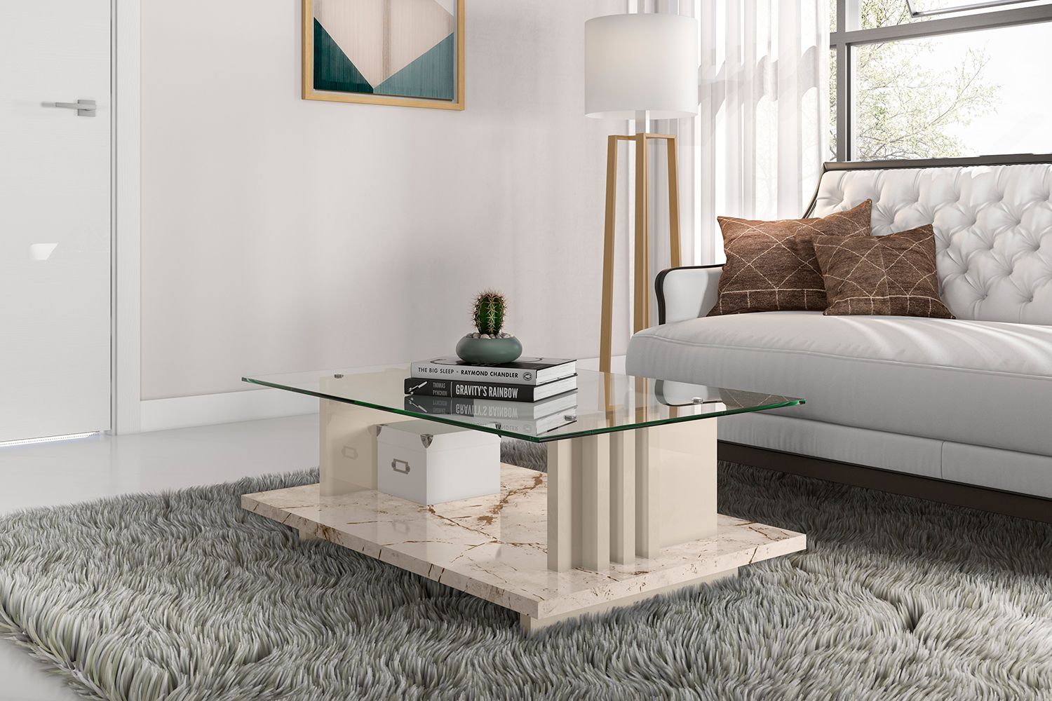 Mesa de Centro com Vidro Atenas Calacata Off-White