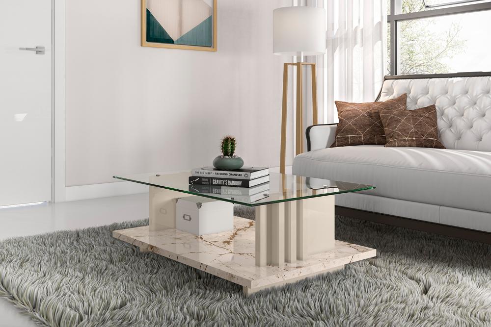 Mesa de Centro com Vidro Parma Calacata Off-White