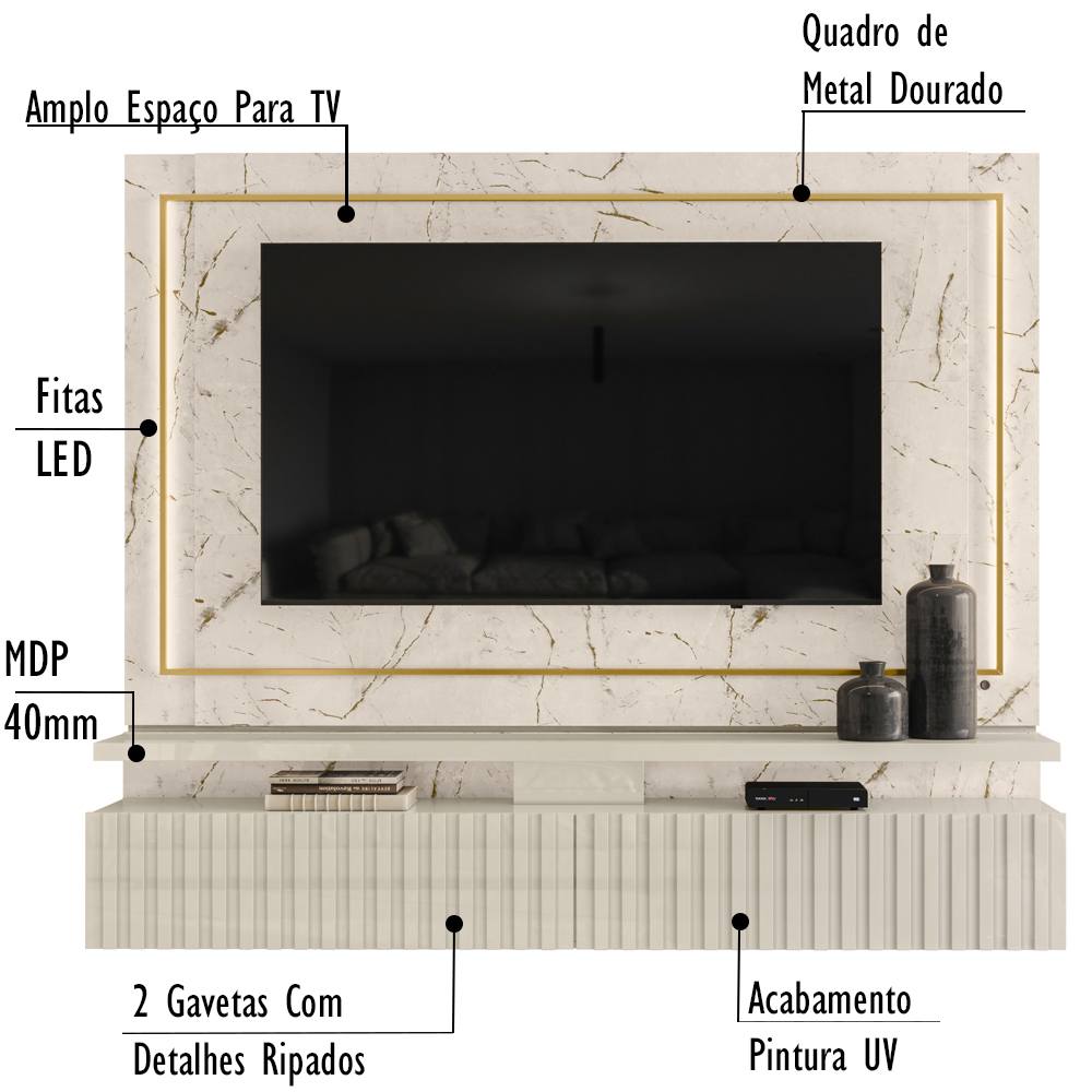 Painel Bancada Suspenso Para TV 75 Polegadas 2851 Calacata Off White Madetec