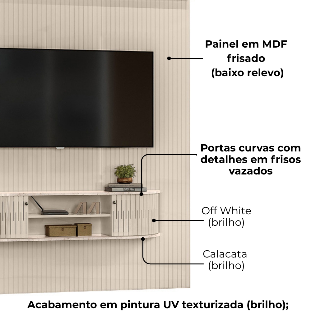 Painel Bancada Tv 65 Pol 244x179cm Monte Carlo Calacata Off White MADETEC