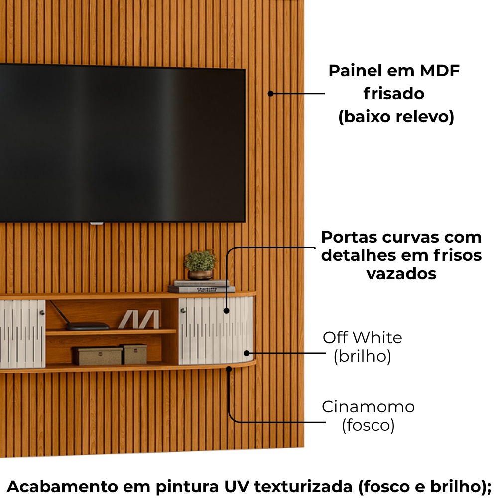 Painel Bancada Tv 65 Pol 244x179cm Monte Carlo Cinamomo Off White MADETEC