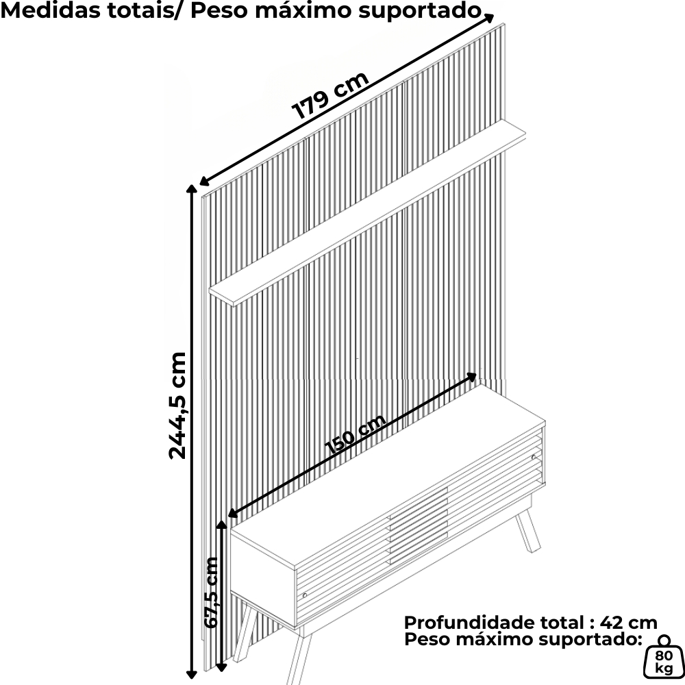 Painel Bancada Tv 65 Pol 245x179 cm Premium Naturale Off White MADETEC