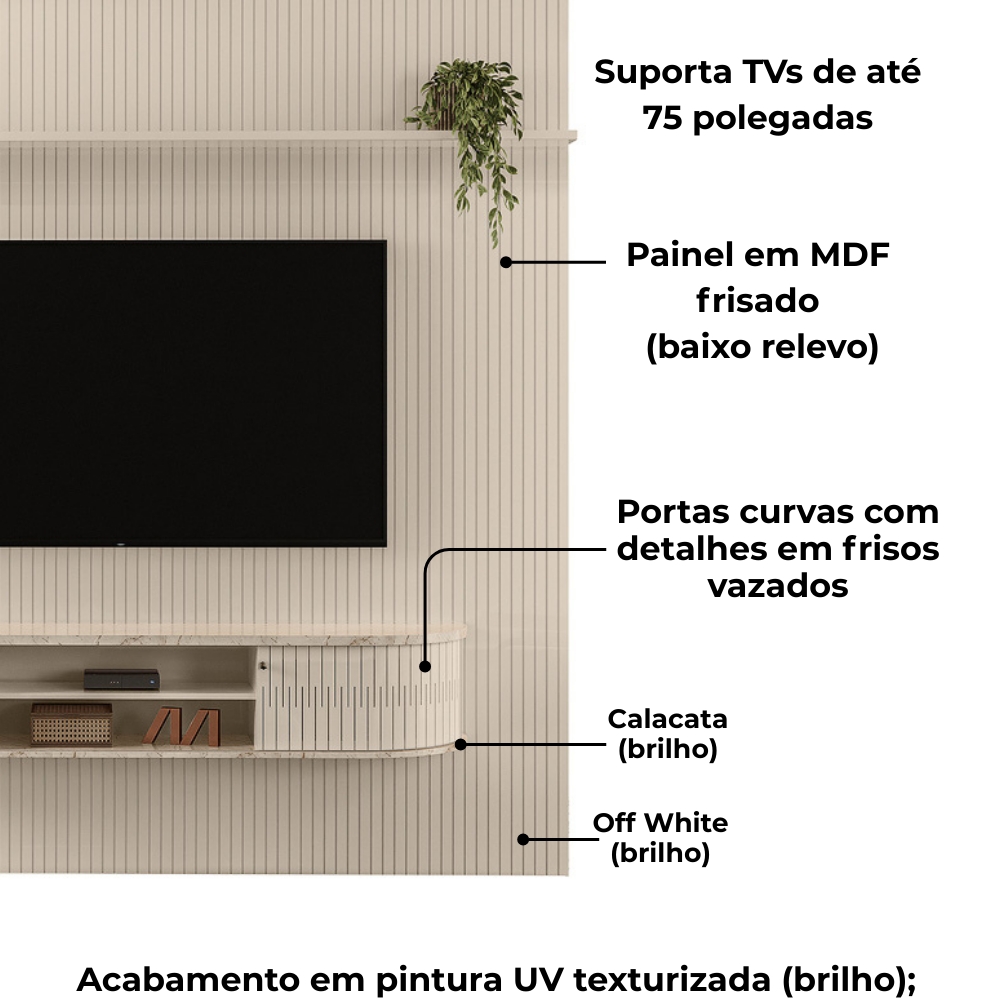 Painel Bancada Tv 75 Pol 245x238 cm Bugatti Calacata Off White MADETEC