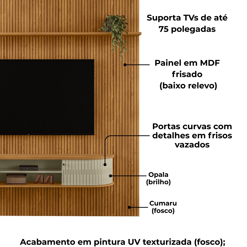Painel Bancada Tv 75 Pol 245x238 cm Bugatti Cumaru Opala MADETEC