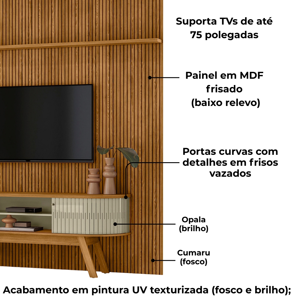 Painel Bancada Tv 75 Pol 245x238 cm Laguna Cumaru Opala MADETEC