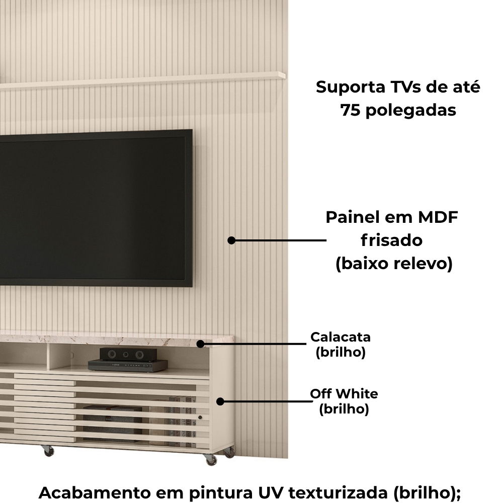 Painel Bancada Tv 75 Pol 245x238 cm Prestige Calacata Off White MADETEC