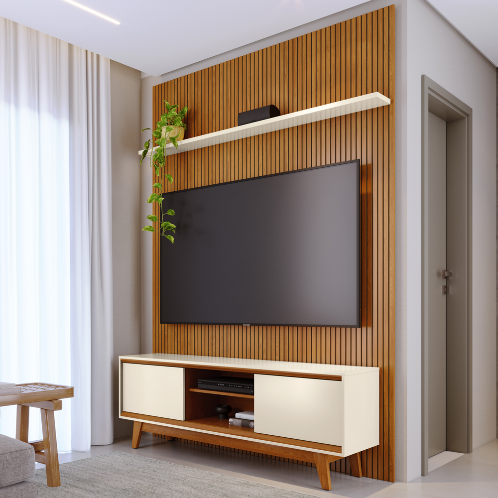Painel E Bancada Tv 65 Pol 245x179 cm Milo Cinamomo Off White MADETEC