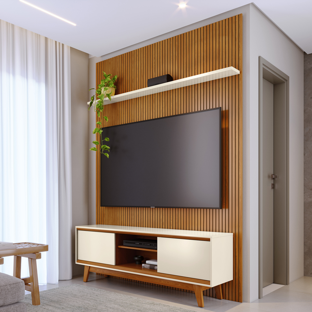 Painel E Bancada Tv 65 Pol 245x179 cm Milo Cinamomo Off White MADETEC