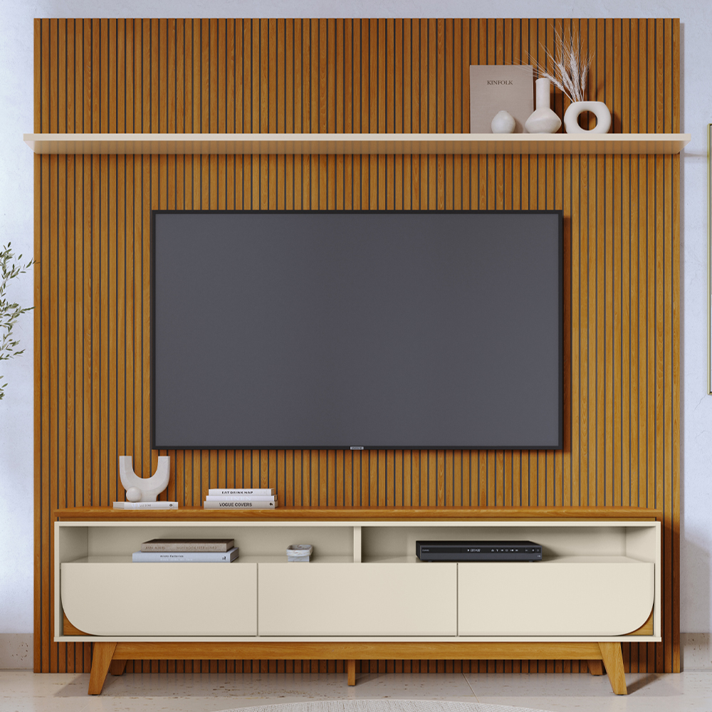 Painel E Bancada Tv 75 Pol 245x238 cm Luna Cinamomo Off White MADETEC