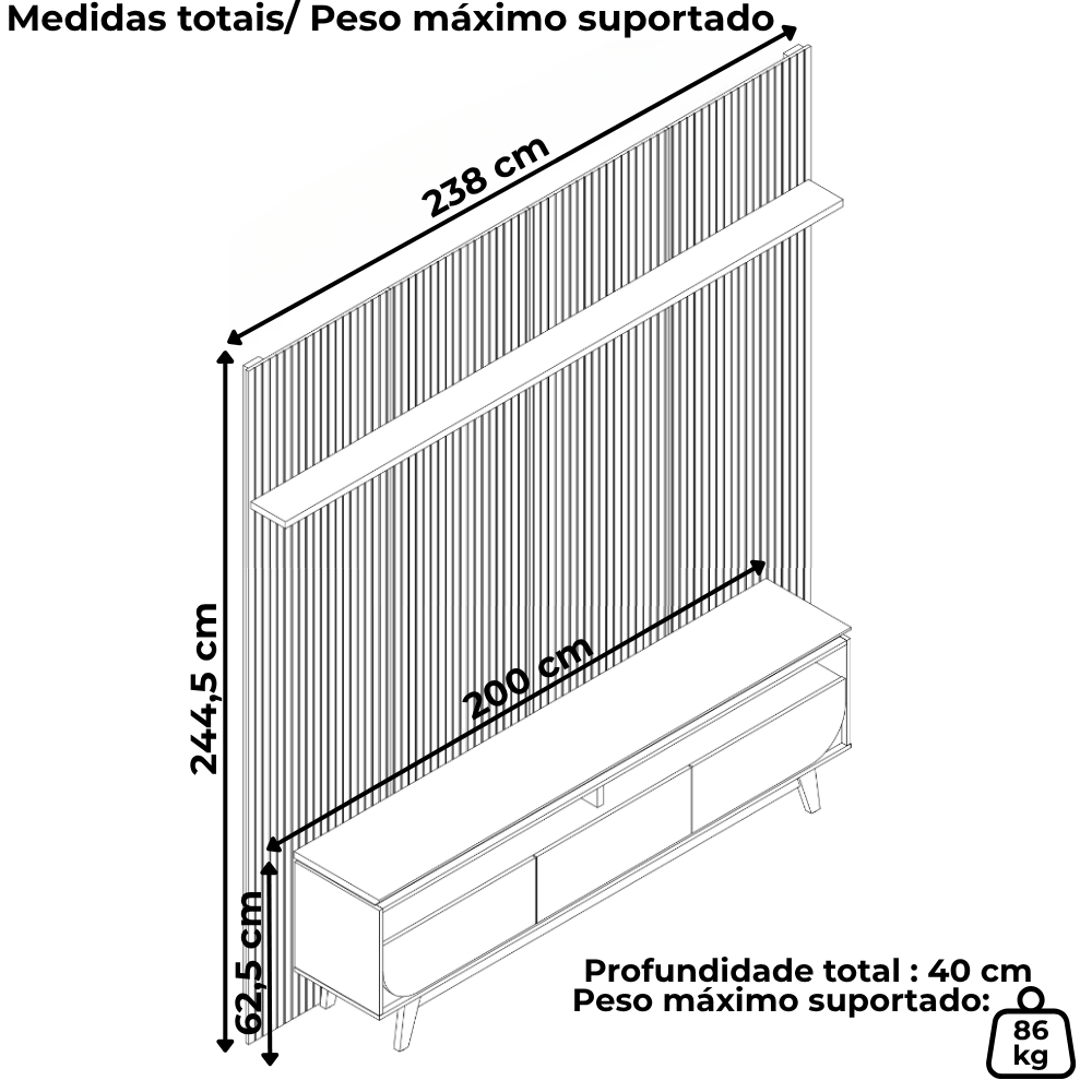 Painel E Bancada Tv 75 Pol 245x238 cm Luna Cinamomo Off White MADETEC
