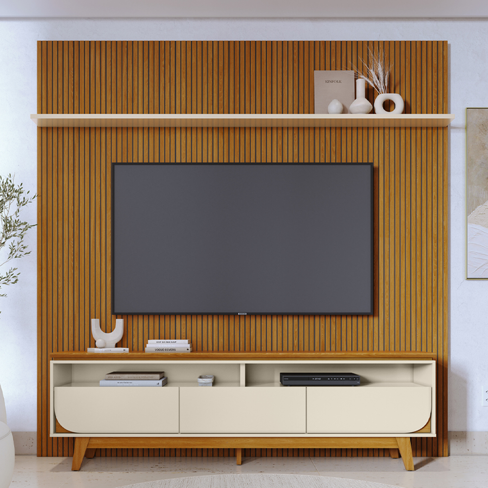Painel E Bancada Tv 75 Pol 245x238 cm Luna Cinamomo Off White MADETEC