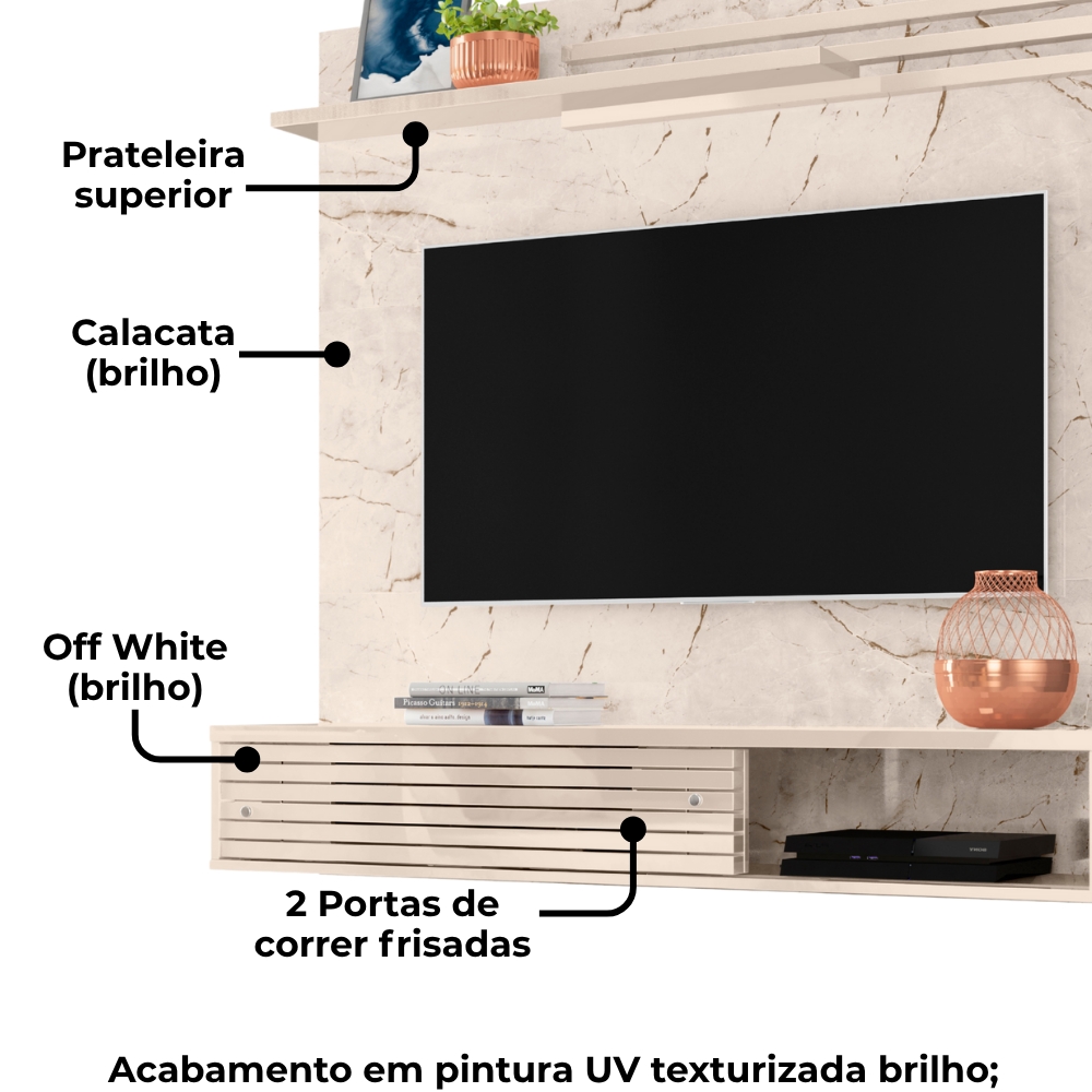 Painel Suspenso Tv 55 Pol 136 cm Sublime Calacata Off White MADETEC