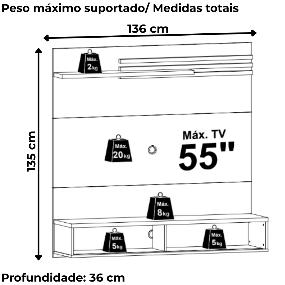 Painel Suspenso Tv 55 Pol 136 cm Sublime Cinamomo Off White MADETEC