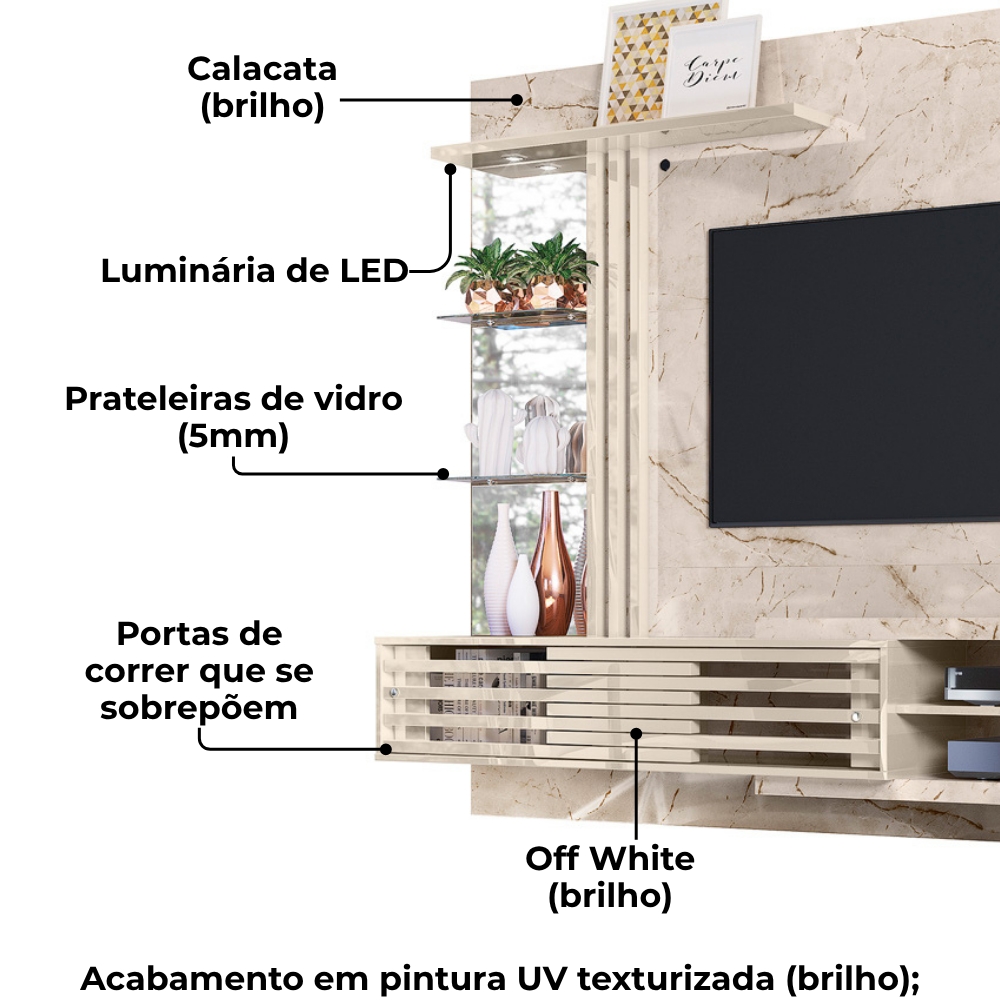Painel Suspenso Tv 55 Pol 182 cm Frizz Supreme Calacata Off White MADETEC