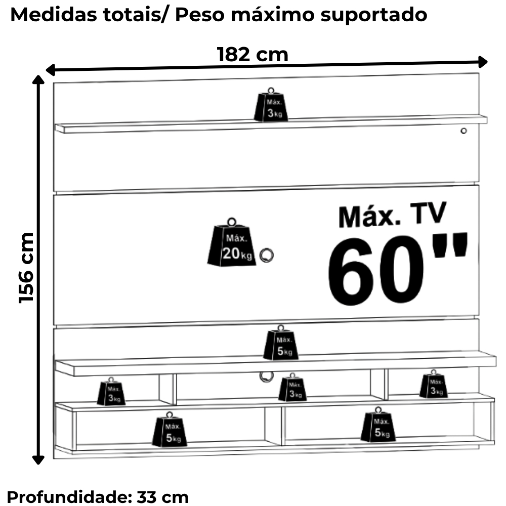 Painel Suspenso Tv 60 Pol 1P 182 cm Lana Naturale Off White MADETEC
