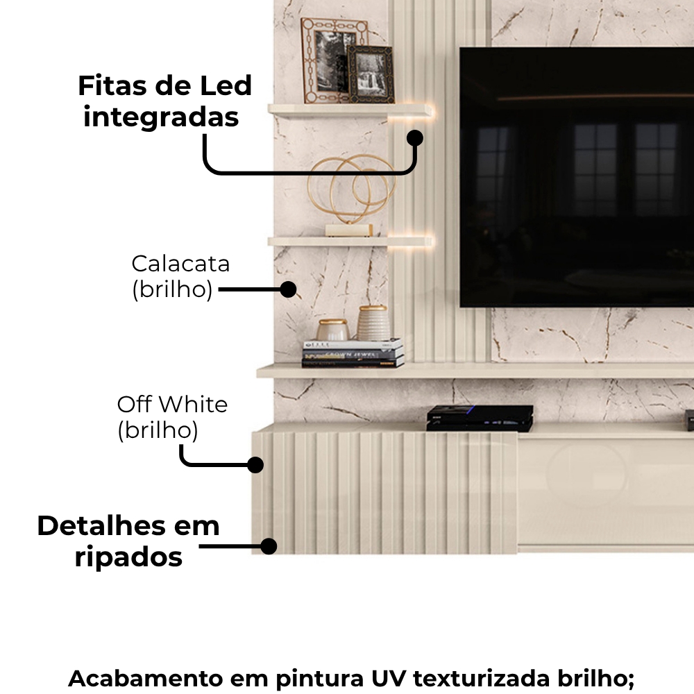 Painel Suspenso Tv 65 Pol 3P 200 cm Atena Calacata Off White MADETEC