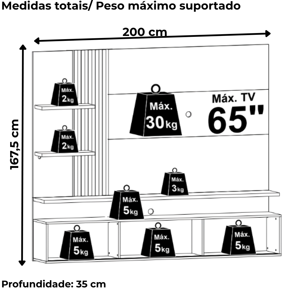 Painel Suspenso Tv 65 Pol 3P 200 cm Atena Cinamomo Off White MADETEC