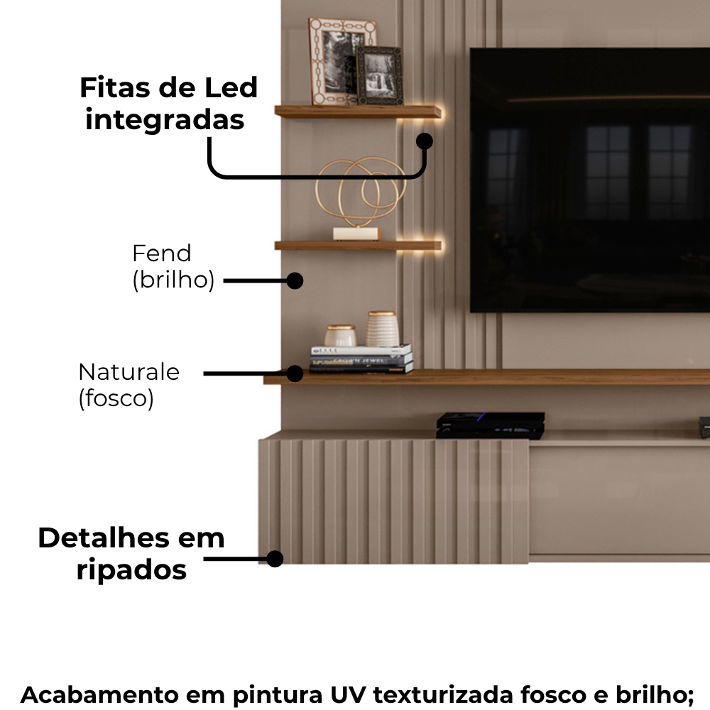 Painel Suspenso Tv 65 Pol 3P 200 cm Atena Fend Naturale MADETEC