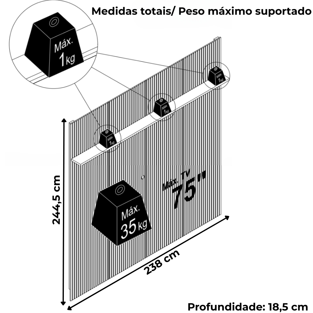 Painel Suspenso Tv 75 Pol 245x238 cm Guapore Cumaru MADETEC