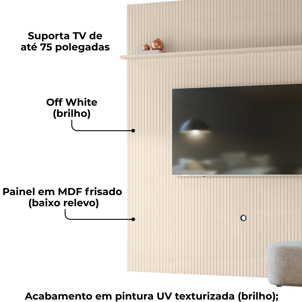 Painel Suspenso Tv 75 Pol 245x238 cm Guapore Off White MADETEC