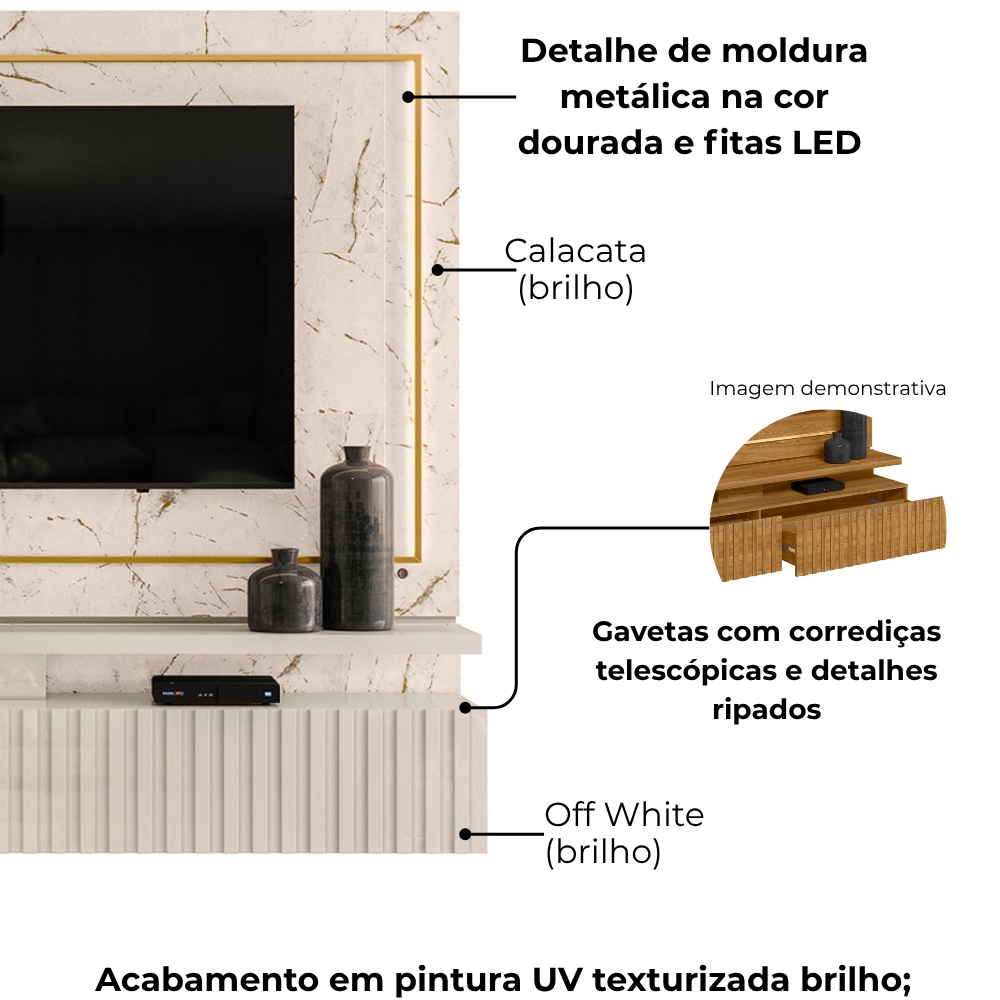 Painel Suspenso Tv 75 Pol 2P 216 cm Gaia Calacata Off White MADETEC