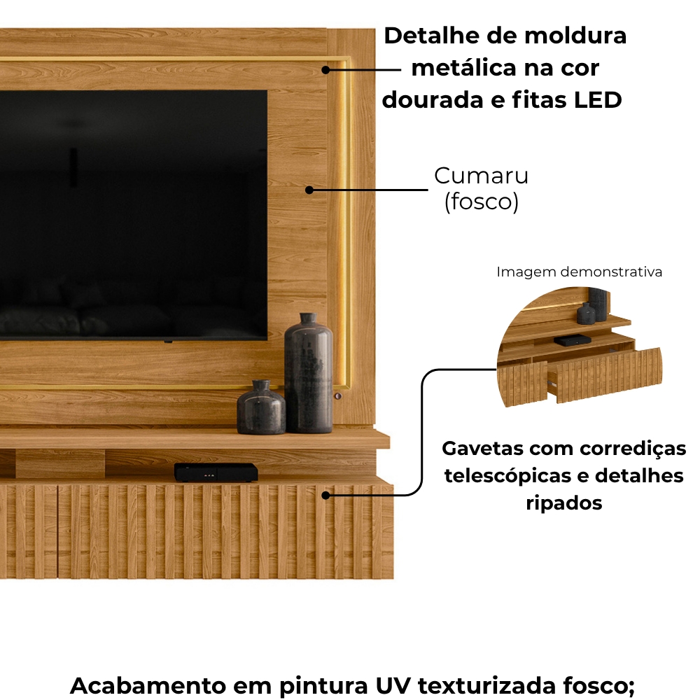 Painel Suspenso Tv 75 Pol 2P 216 cm Gaia Cumaru MADETEC