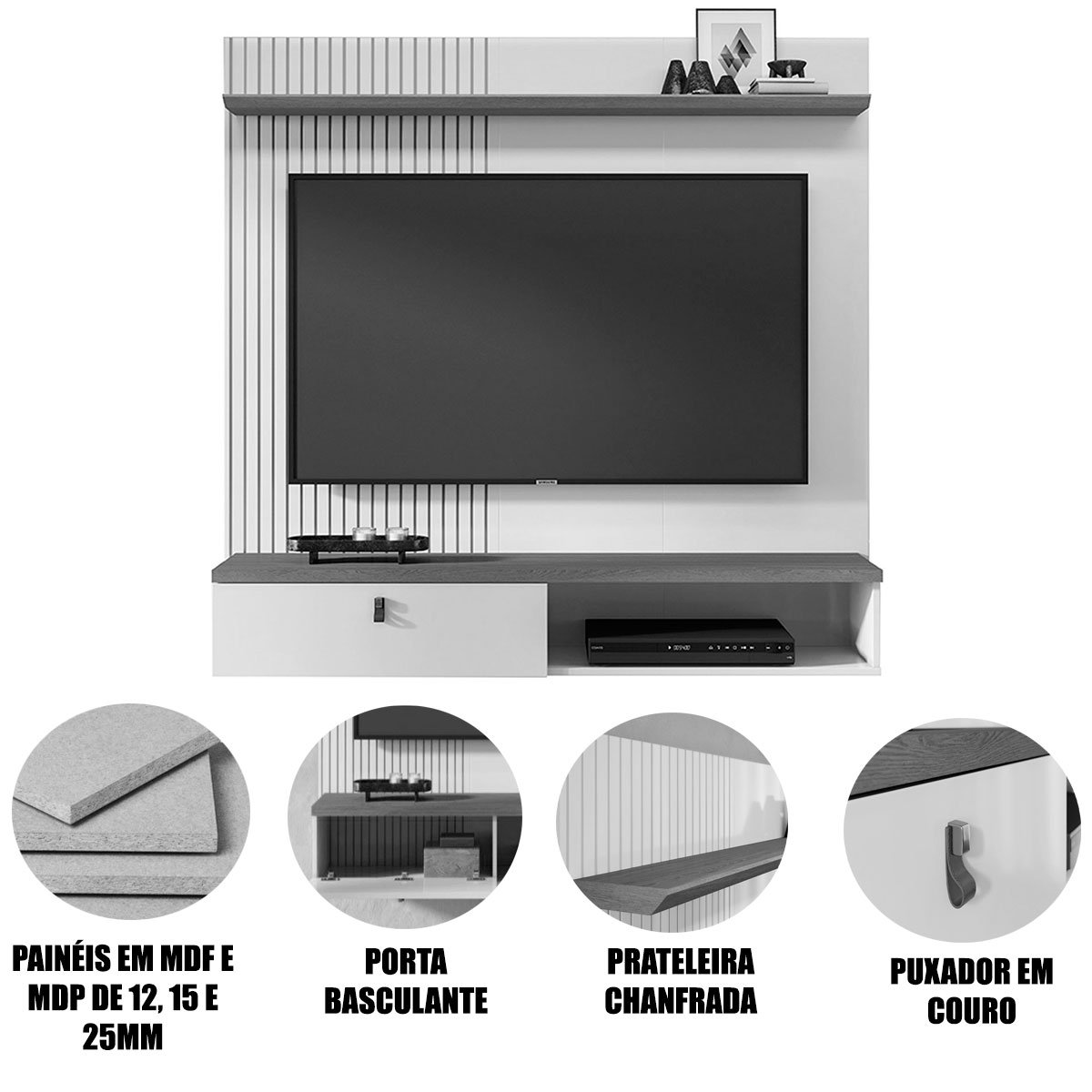 Painel Suspenso para Tv 55 Polegadas 1 Porta Basculante Isis Cinamomo/Off White