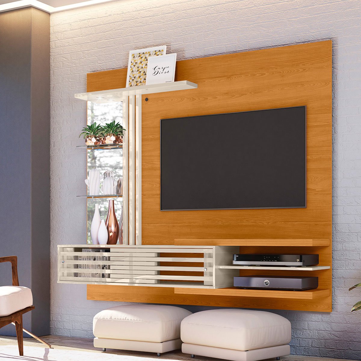 Painel Suspenso para Tv 55 Polegadas com 2 Portas Sidnei Cinamomo/Off White