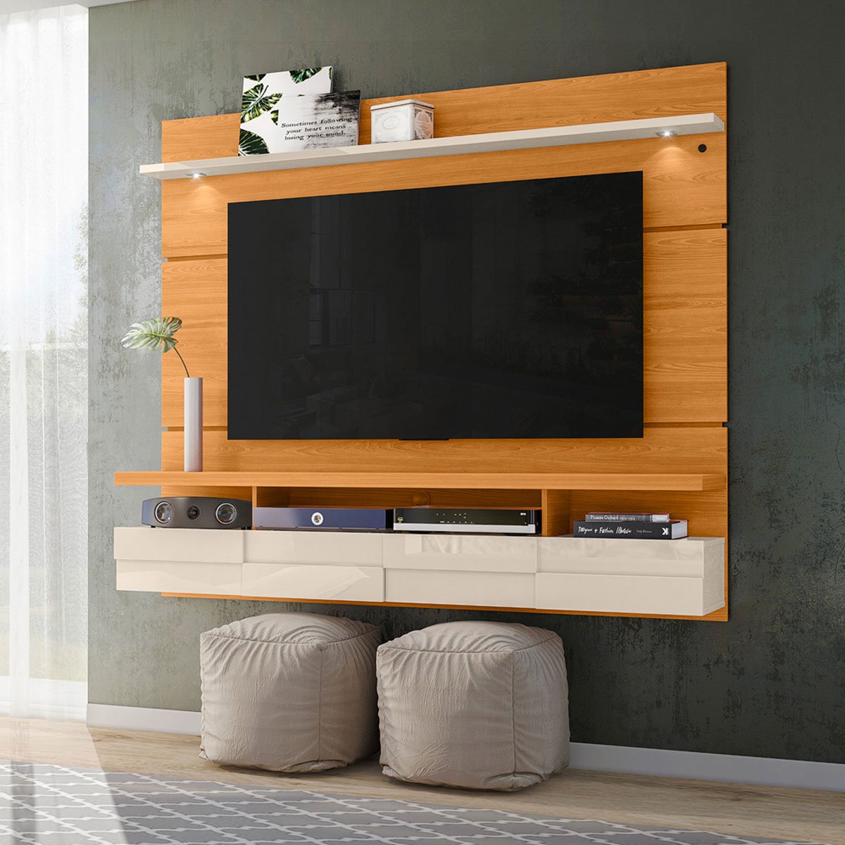 Painel Suspenso para Tv 60 Polegadas com 2 Portas Alana 1.8 Cinamomo/Off White