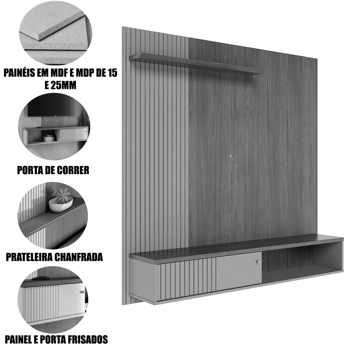 Painel Suspenso para Tv 65 Polegadas 1 Porta Correr Ariel Cumaru