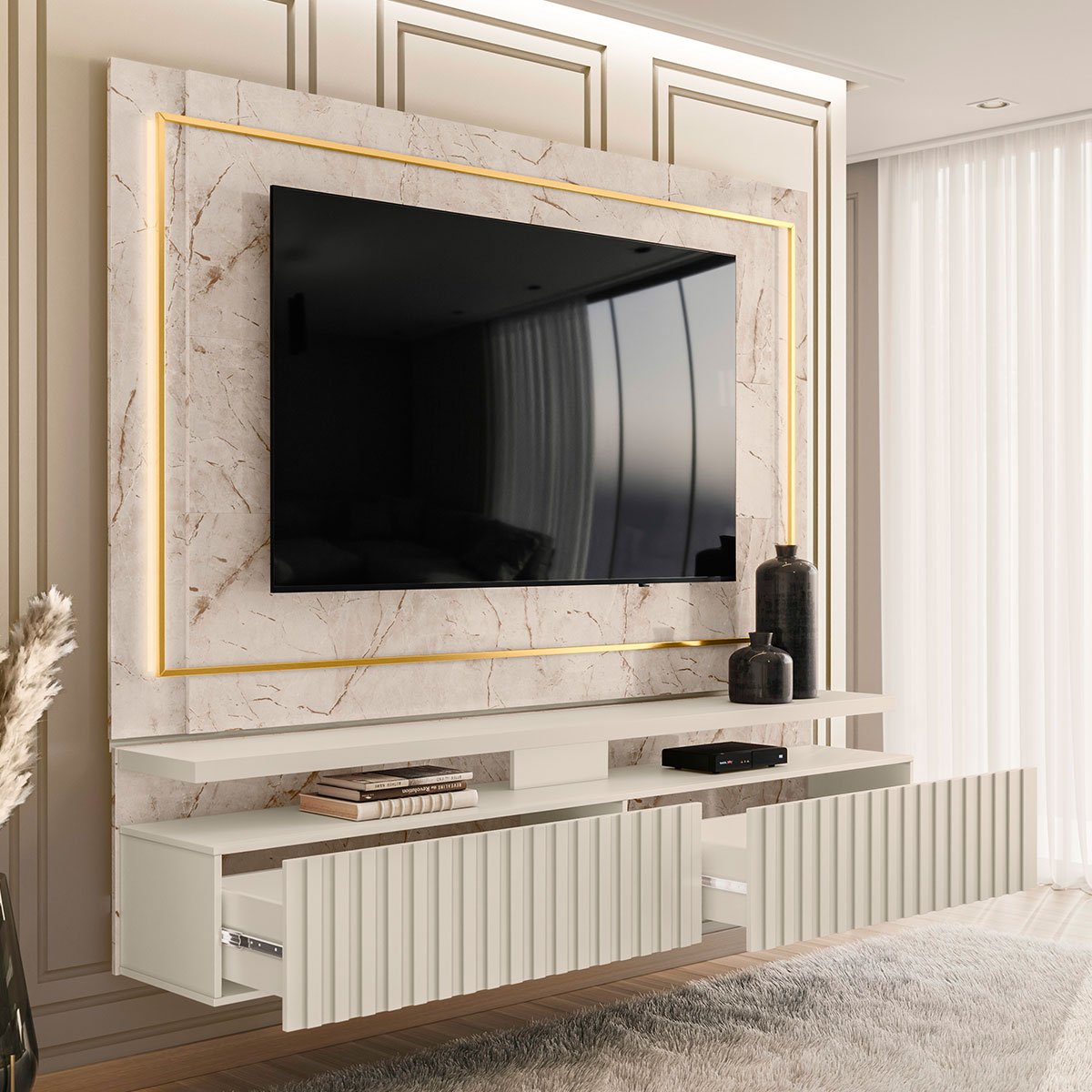 Painel Suspenso para Tv 75 Polegadas Ripado com Led Hera Calacata/Off White