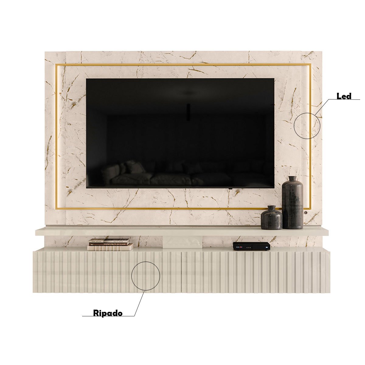 Painel Suspenso para Tv 75 Polegadas Ripado com Led Hera Calacata/Off White