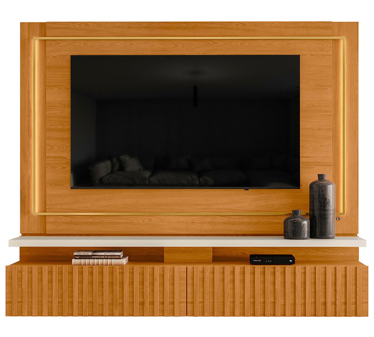 Painel Suspenso para Tv 75 Polegadas Ripado com Led Hera Cinamomo/Off White
