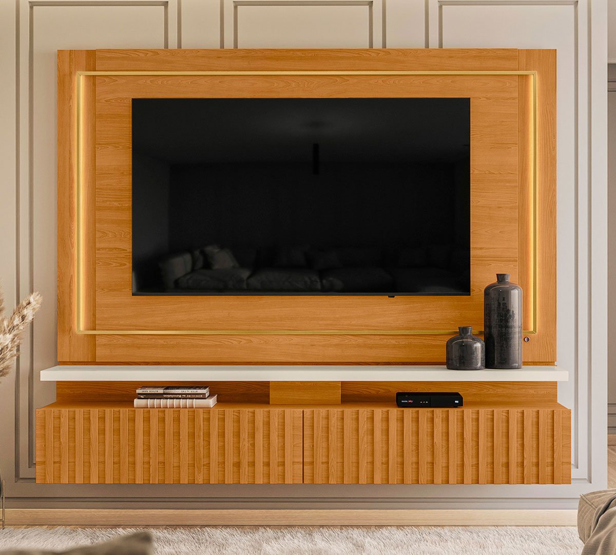 Painel Suspenso para Tv 75 Polegadas Ripado com Led Hera Cinamomo/Off White