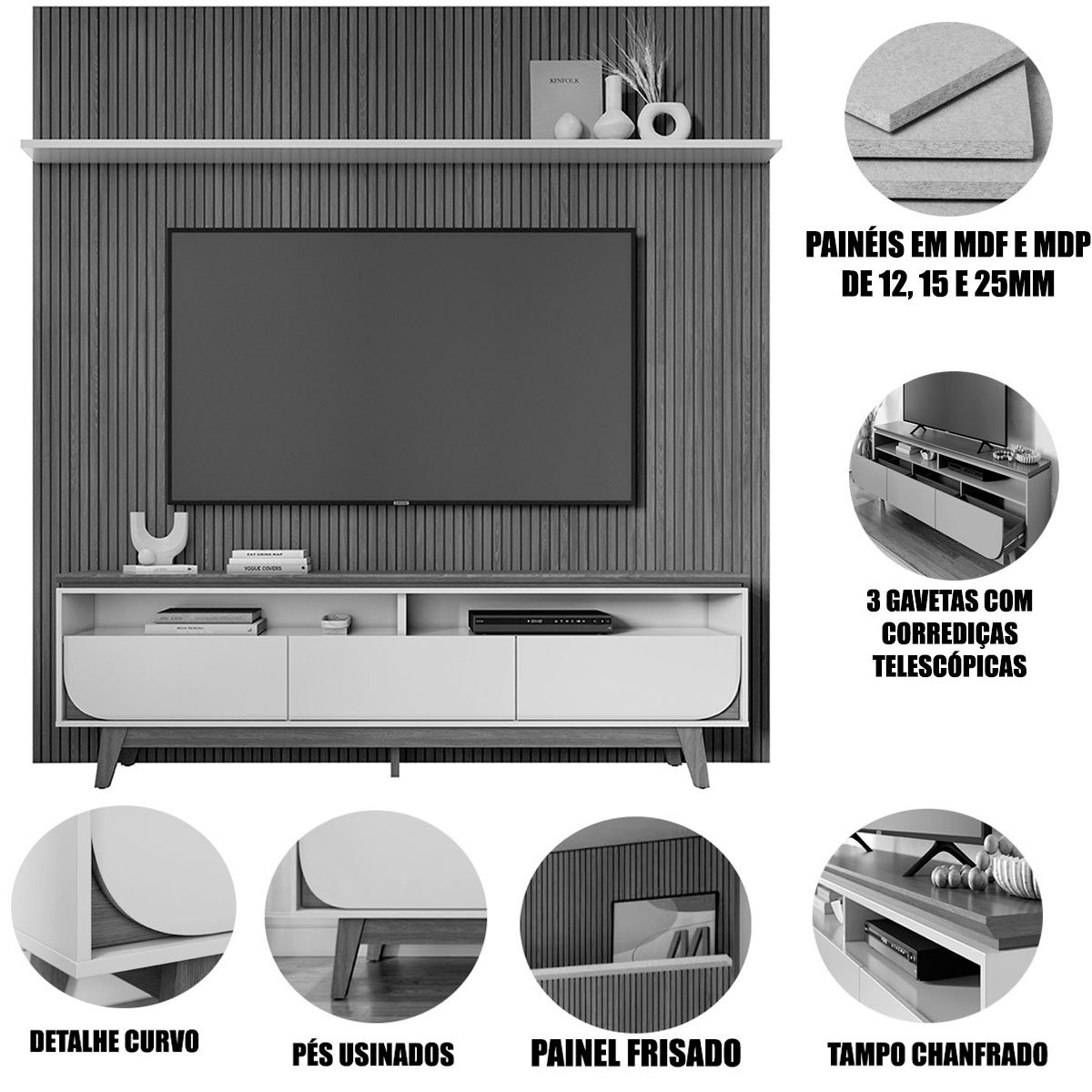 Painel para TV 75 Polegadas Composição Bancada Lua Cumaru/Opala