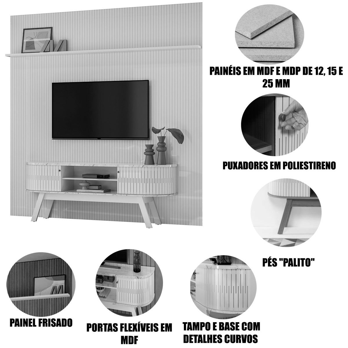 Painel para TV 75 Polegadas Composição Bancada Lugana Calacata/Off White