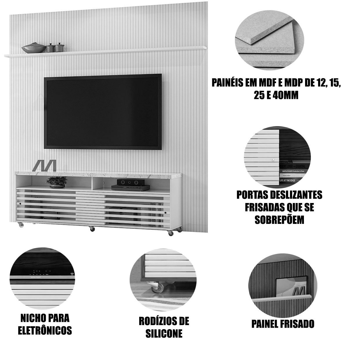 Painel para TV 75 Polegadas Composição Bancada Prestigio Calacata/Off White