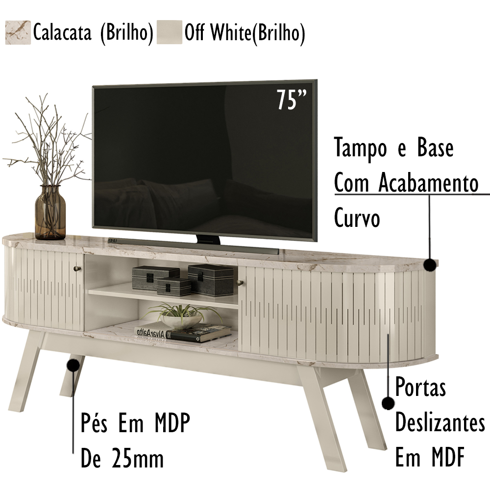 Rack Bancada 183 cm TV 75 Pol 5111 Calacata Off White MDT
